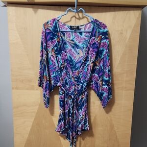 Women's Lulus Tropical Print Romper Kimono Sleeves Size Large Purple, Teal
